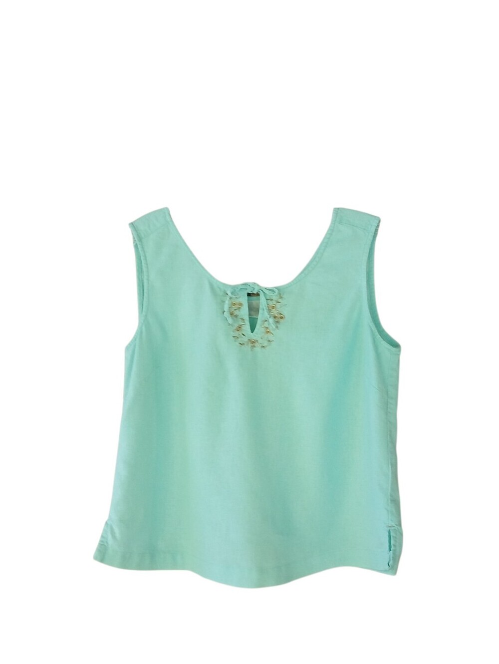 Erika Aqua Embroidered Linen Blend Tank Top Small